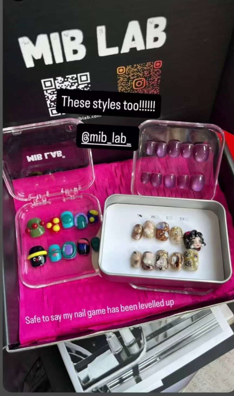 Reusable press on nails sets displayed in MIB LAB storage box with colorful nail art designs and premium press-on nails collection