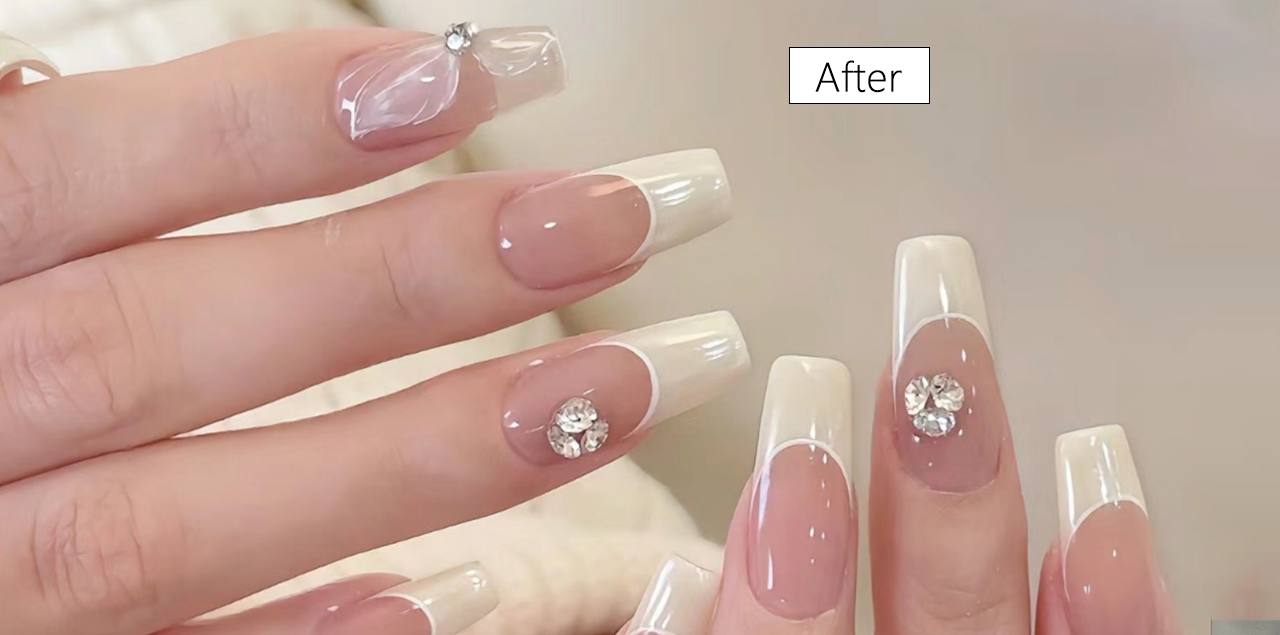 An "After" image showcasing a completed French manicure on coffin-shaped nails. The nails feature white tips, nude centers, and delicate rhinestone and bow embellishments. This image highlights the elegant and luxurious finish of the manicure, contrasting with a "Before" image of the initial application.