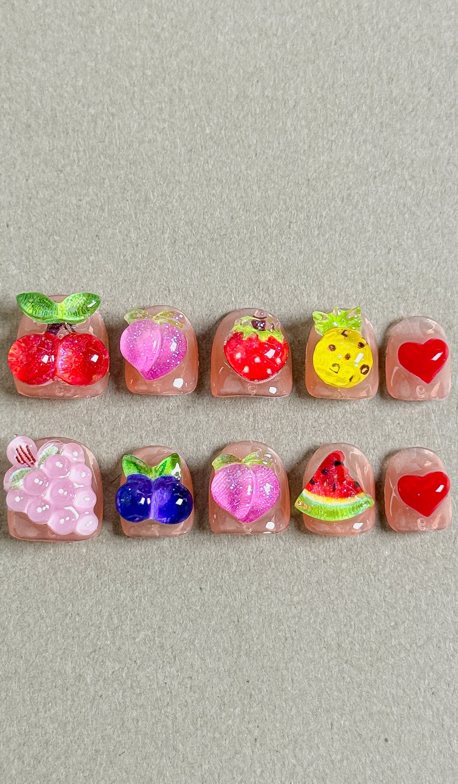 Adorable Salade de Fruits press on nails with cute fruit designs like cherries, peaches, strawberries, and watermelons, featuring Nail art designs and Glitter nails, perfect for Everyday nails
