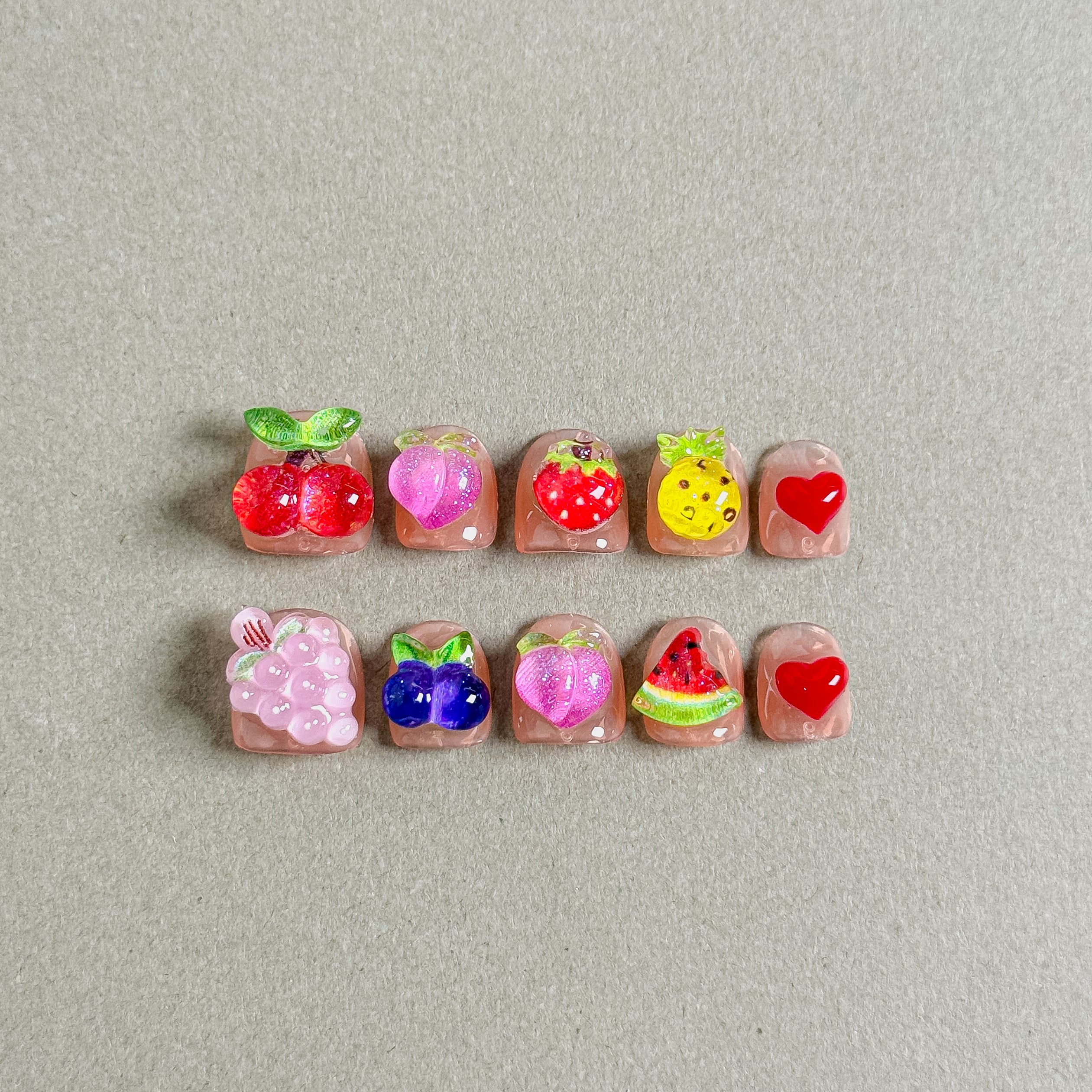 Adorable Salade de Fruits press on nails with cute fruit designs like cherries, peaches, strawberries, and watermelons, featuring Nail art designs and Glitter nails, perfect for Everyday nails