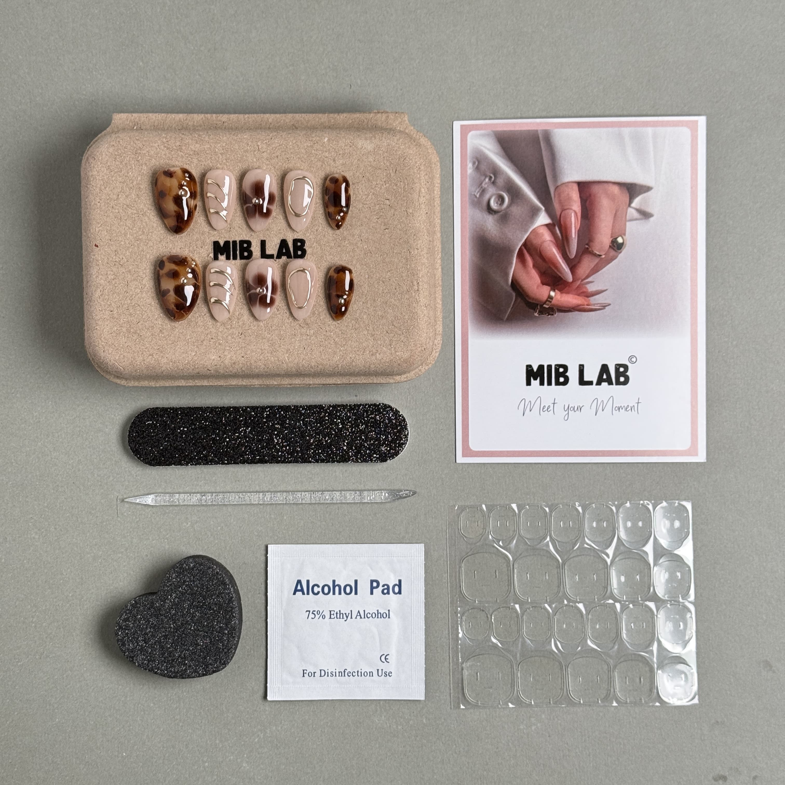 Complete MIB LAB Accessoires & tool kit including press on nails with trendy design, Alcohol Pad, nail file, and adhesive tabs, essential for Nail art tools and Handmade press on nails